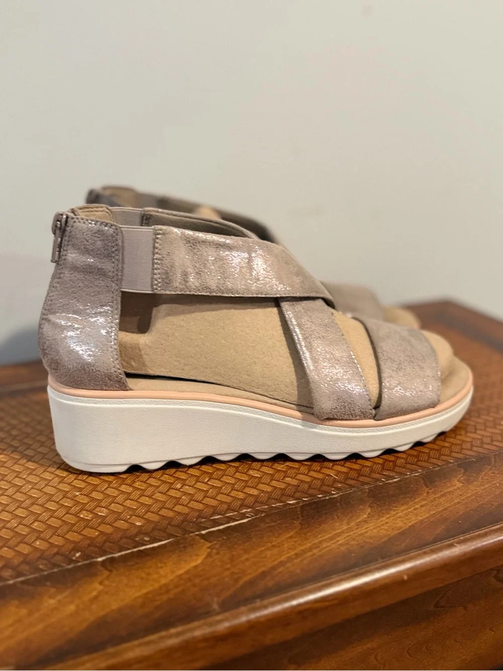 Clarks Shimmery Taupe Cross-Strap Wedge Sandals
